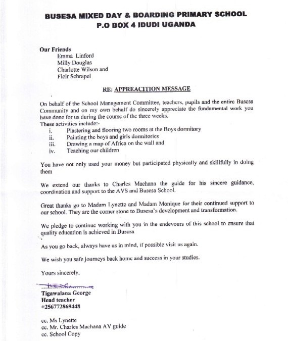 Appreciation letter from Busesa school