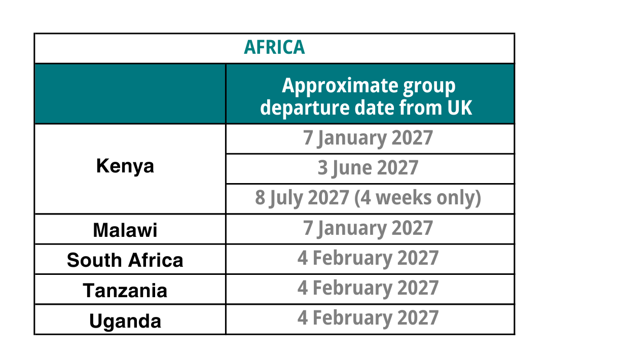 Africa Summer & Gap Year Departure dates 